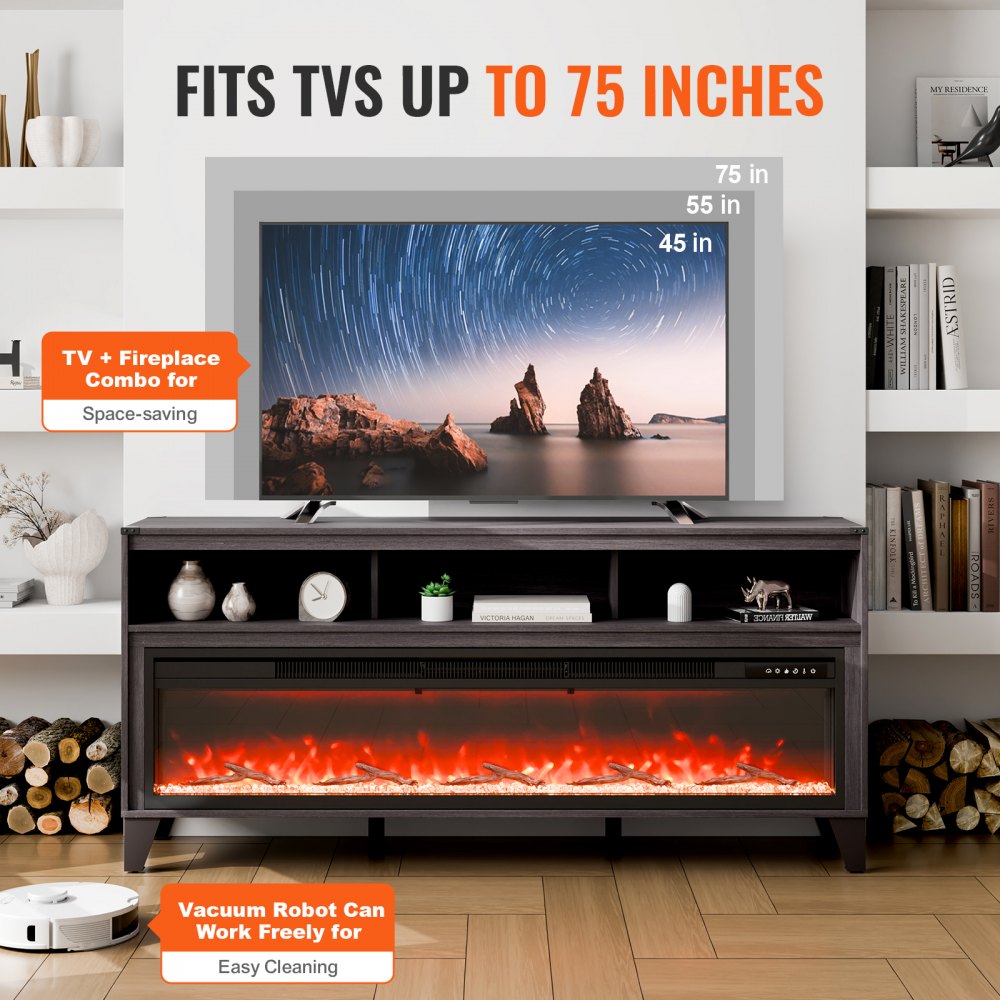 VEVOR 80" Fireplace TV Stand with 20 Flame Clolors Remote Control & Timer Black 