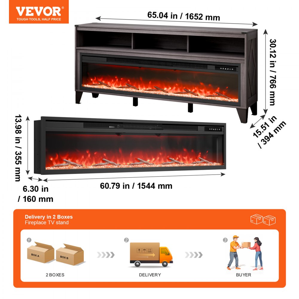 VEVOR 80" Fireplace TV Stand with 20 Flame Clolors Remote Control & Timer Black 