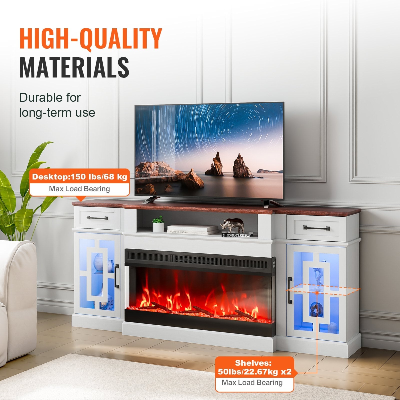 VEVOR 80" Fireplace TV Stand with 20 LED Lights Remote Control & Timer Brown+White 