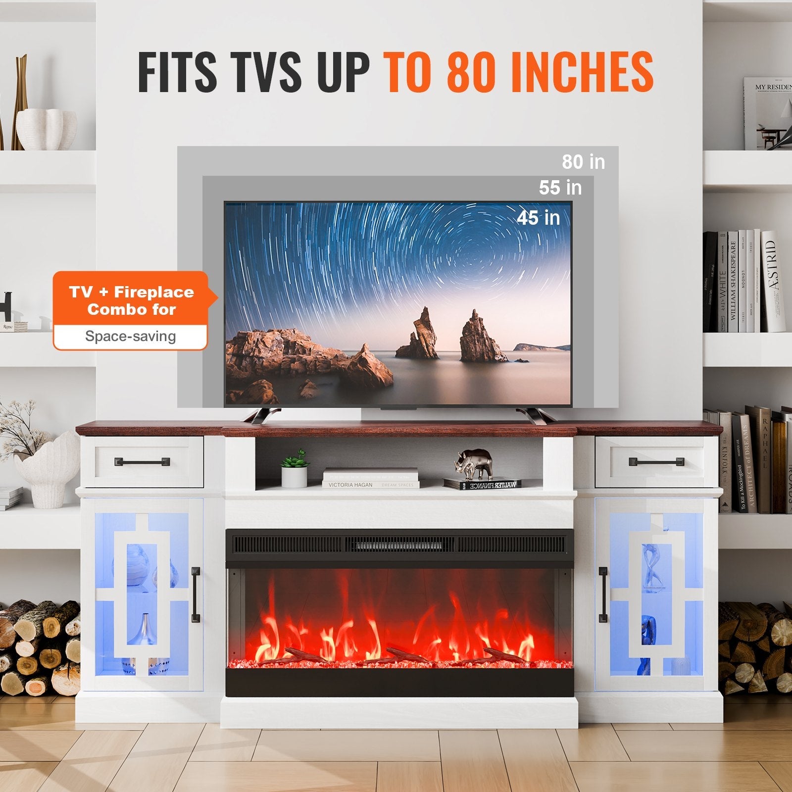 VEVOR 80" Fireplace TV Stand with 20 LED Lights Remote Control & Timer Brown+White 