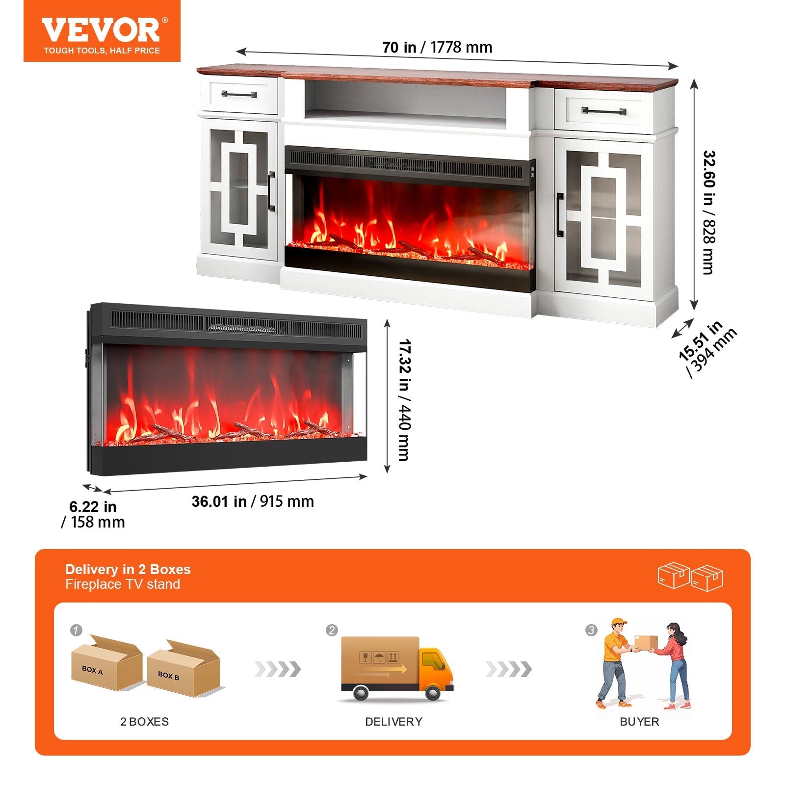 VEVOR 80" Fireplace TV Stand with 20 LED Lights Remote Control & Timer Brown+White 