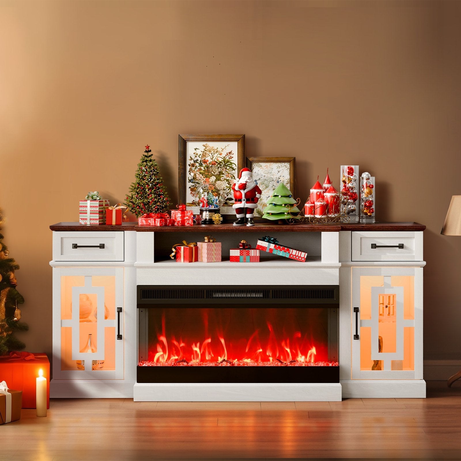 VEVOR 80" Fireplace TV Stand with 20 LED Lights Remote Control & Timer Brown+White 