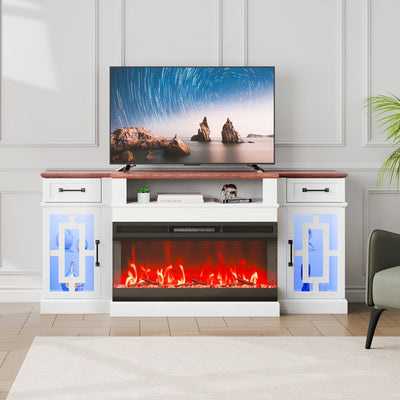 VEVOR 80" Fireplace TV Stand with 20 LED Lights Remote Control & Timer Brown+White 