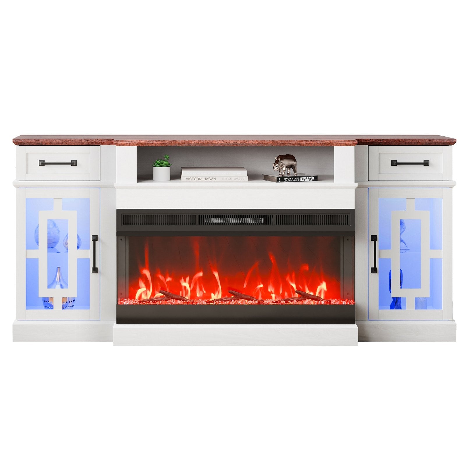 VEVOR 80" Fireplace TV Stand with 20 LED Lights Remote Control & Timer Brown+White 