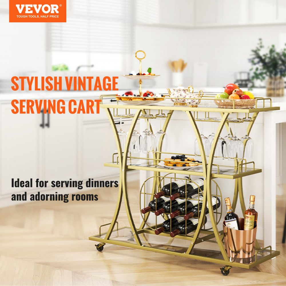 VEVOR 3 Tiers Gold Metal Bar Serving Cart with Wine Rack Glass Holder 180 LBS 