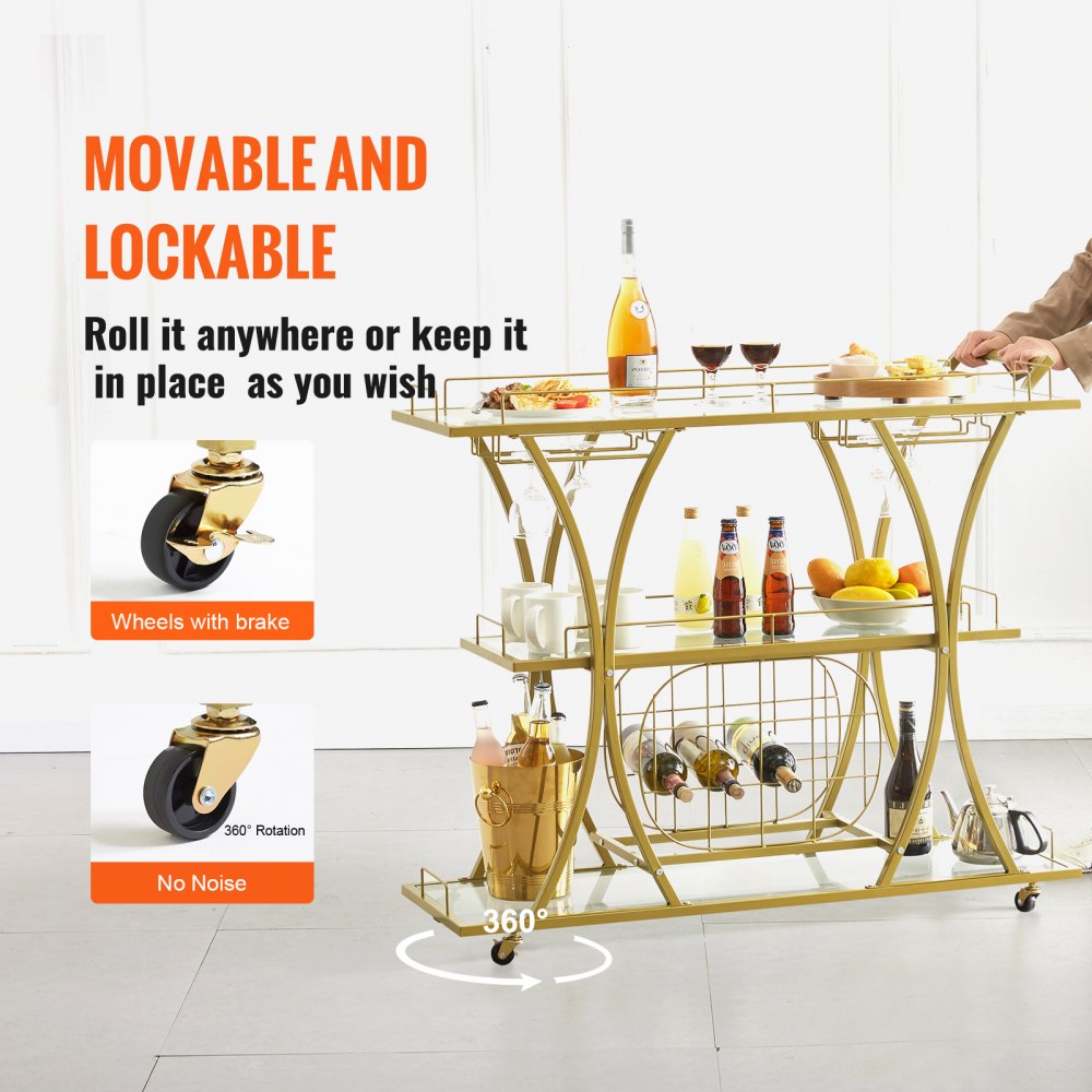 VEVOR 3 Tiers Gold Metal Bar Serving Cart with Wine Rack Glass Holder 180 LBS 