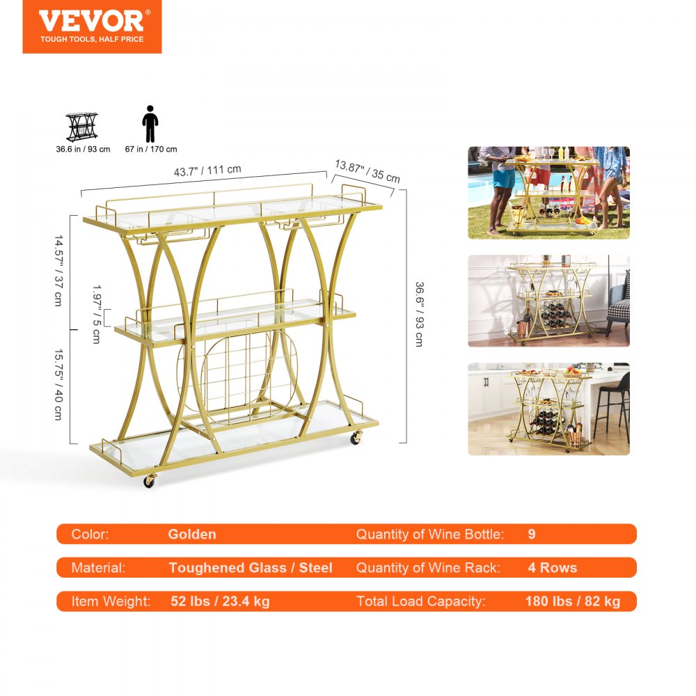 VEVOR 3 Tiers Gold Metal Bar Serving Cart with Wine Rack Glass Holder 180 LBS 