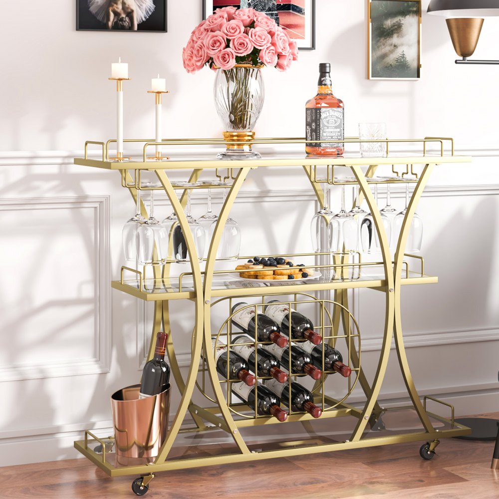 VEVOR 3 Tiers Gold Metal Bar Serving Cart with Wine Rack Glass Holder 180 LBS 