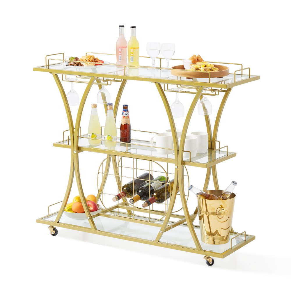 VEVOR 3 Tiers Gold Metal Bar Serving Cart with Wine Rack Glass Holder 180 LBS 