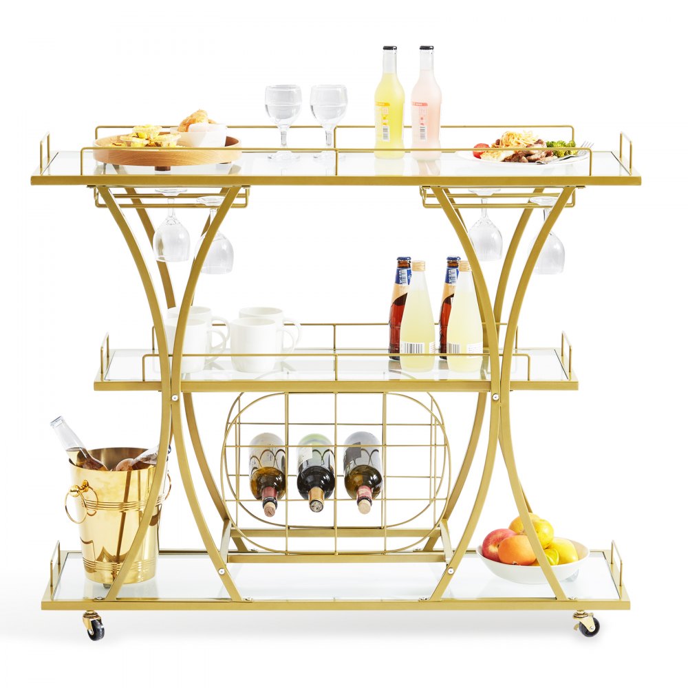 VEVOR 3 Tiers Gold Metal Bar Serving Cart with Wine Rack Glass Holder 180 LBS 