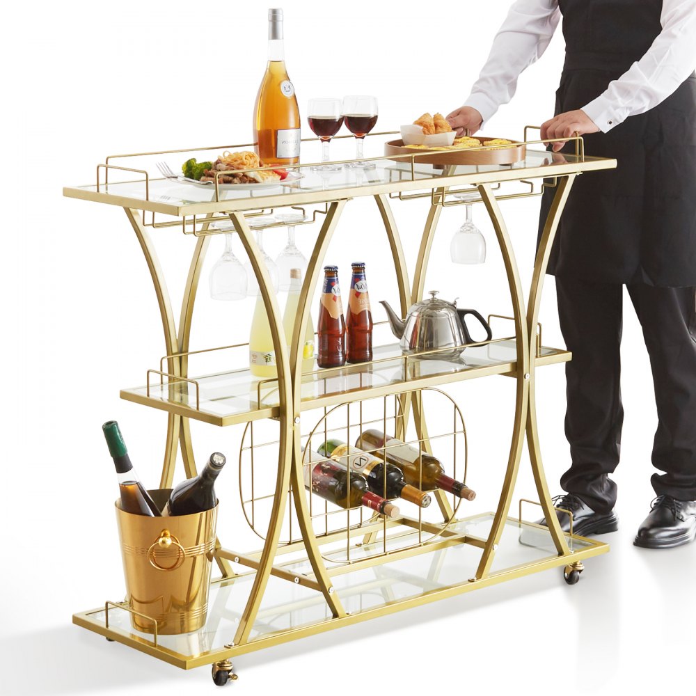 VEVOR 3 Tiers Gold Metal Bar Serving Cart with Wine Rack Glass Holder 180 LBS 