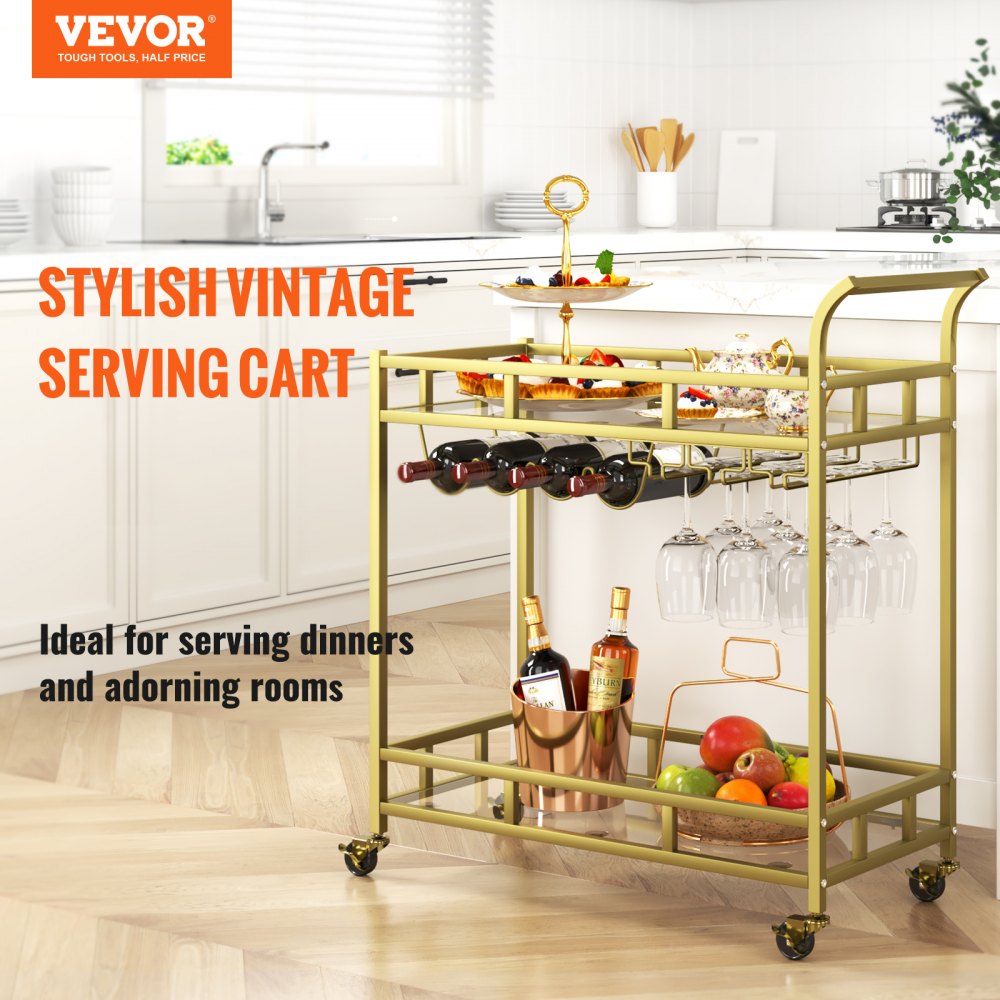 VEVOR 2 Tiers Gold Metal Bar Serving Cart with Wine Rack Glass Holder 120 LBS 