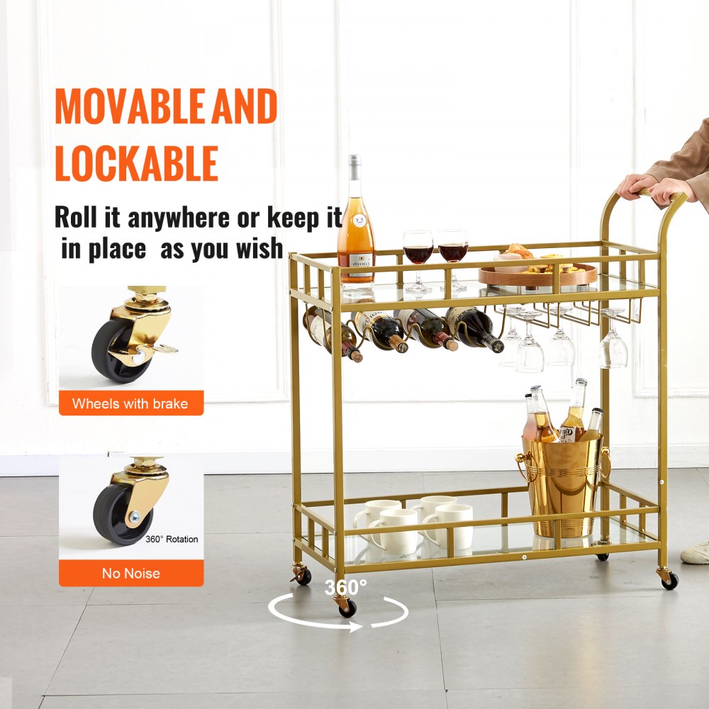 VEVOR 2 Tiers Gold Metal Bar Serving Cart with Wine Rack Glass Holder 120 LBS 