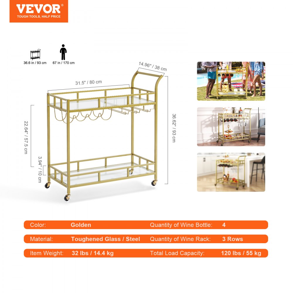 VEVOR 2 Tiers Gold Metal Bar Serving Cart with Wine Rack Glass Holder 120 LBS 