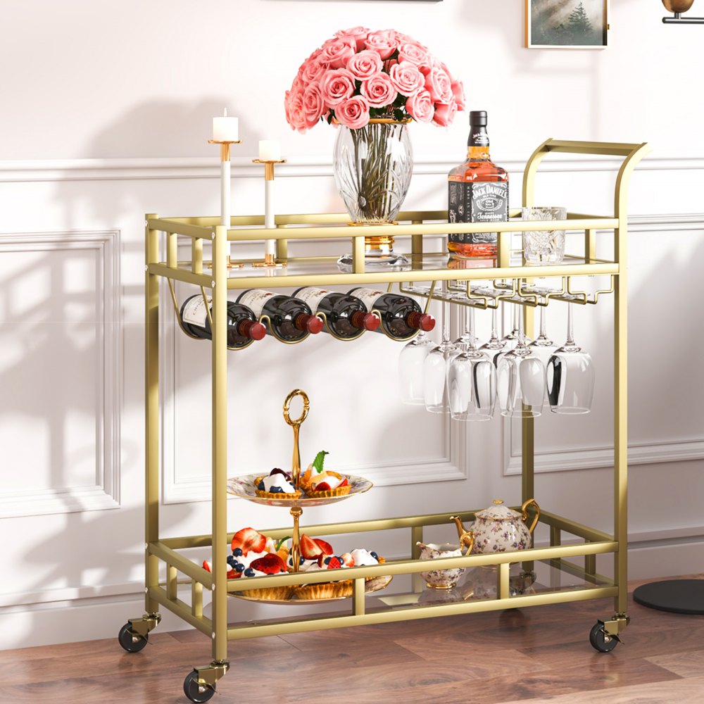 VEVOR 2 Tiers Gold Metal Bar Serving Cart with Wine Rack Glass Holder 120 LBS 
