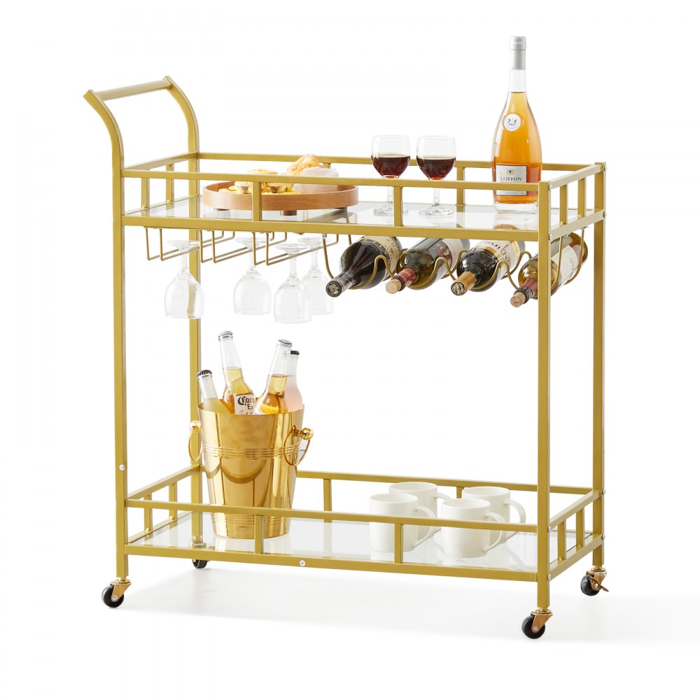 VEVOR 2 Tiers Gold Metal Bar Serving Cart with Wine Rack Glass Holder 120 LBS 