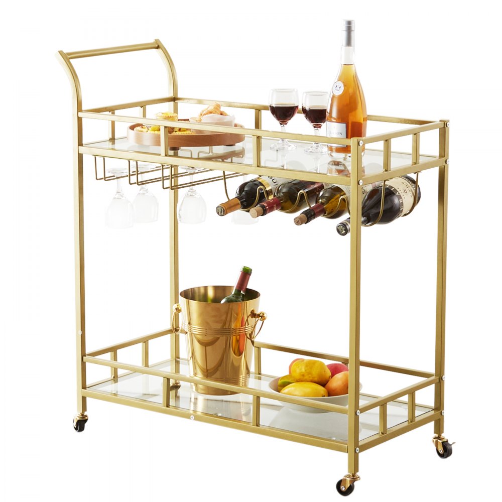 VEVOR 2 Tiers Gold Metal Bar Serving Cart with Wine Rack Glass Holder 120 LBS 