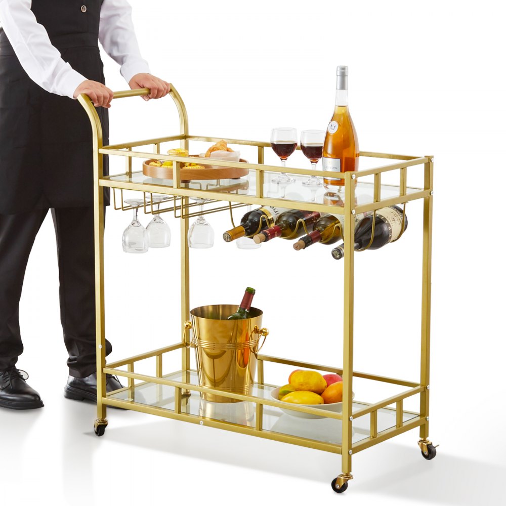 VEVOR 2 Tiers Gold Metal Bar Serving Cart with Wine Rack Glass Holder 120 LBS 