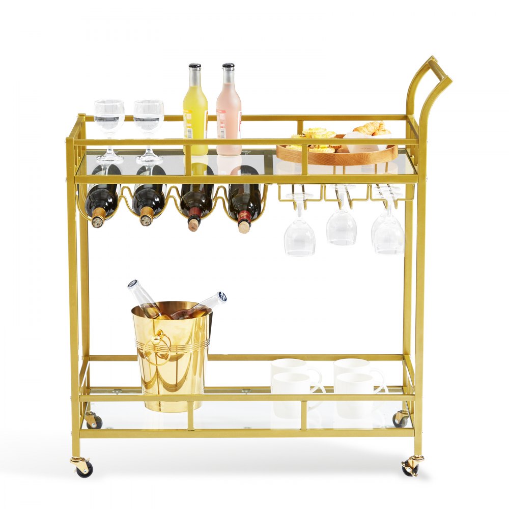 VEVOR 2 Tiers Gold Metal Bar Serving Cart with Wine Rack Glass Holder 120 LBS 