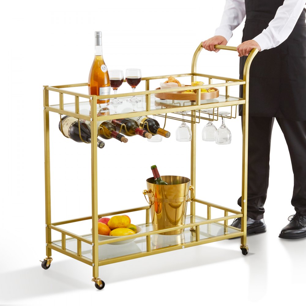 VEVOR 2 Tiers Gold Metal Bar Serving Cart with Wine Rack Glass Holder 120 LBS 
