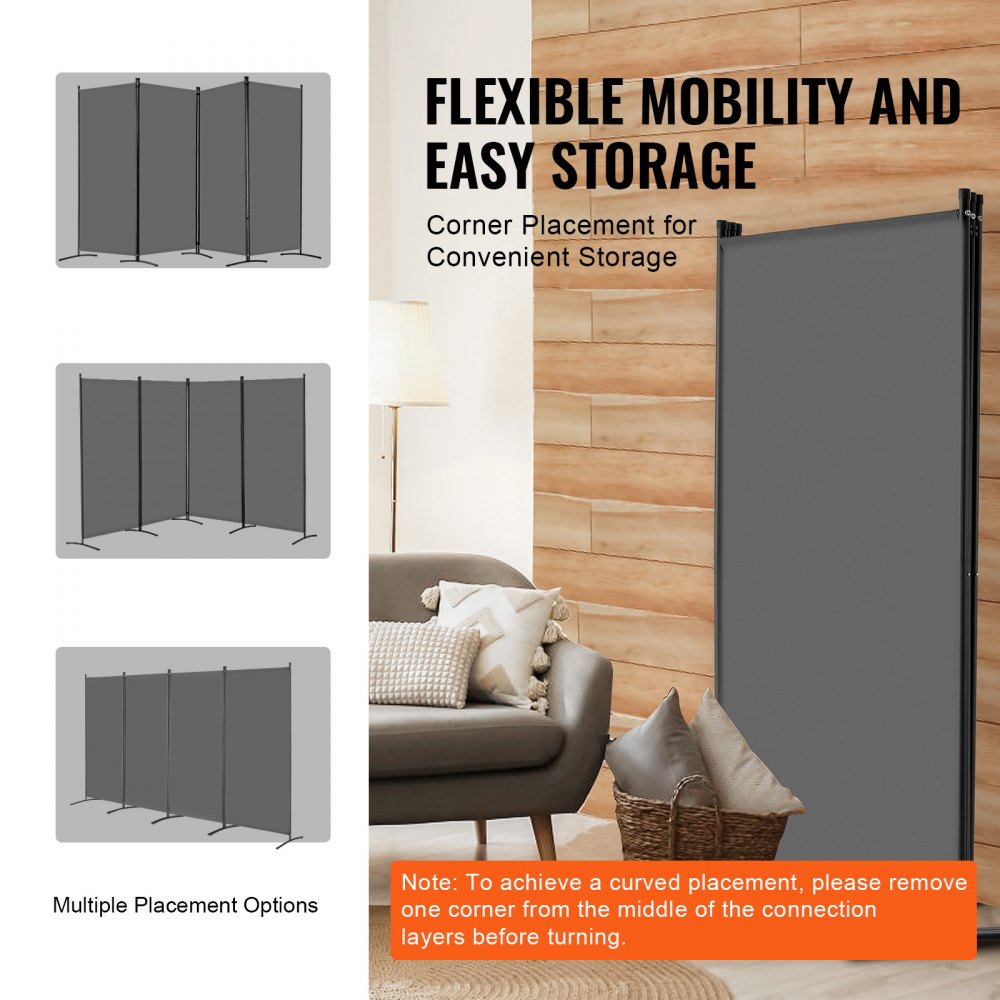 VEVOR Room Divider 4 Panels Fabric Room Privacy Screen for Office Bedroom Grey 