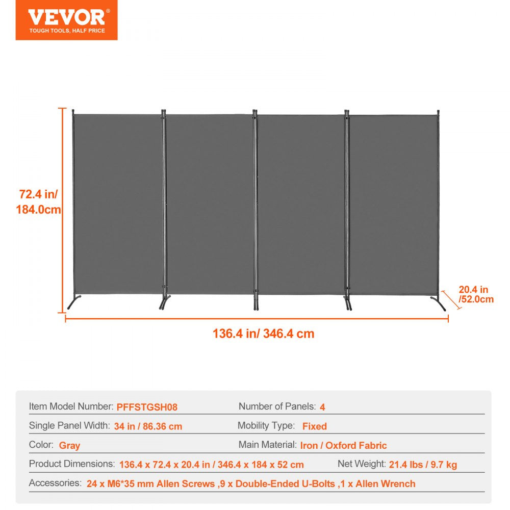 VEVOR Room Divider 4 Panels Fabric Room Privacy Screen for Office Bedroom Grey 