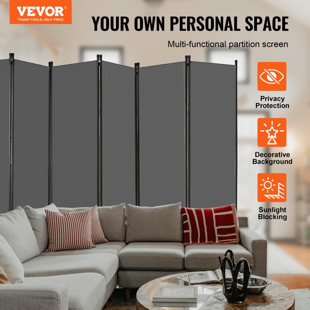 VEVOR Room Divider 6 Panels Fabric Room Privacy Screen for Office Bedroom Grey 