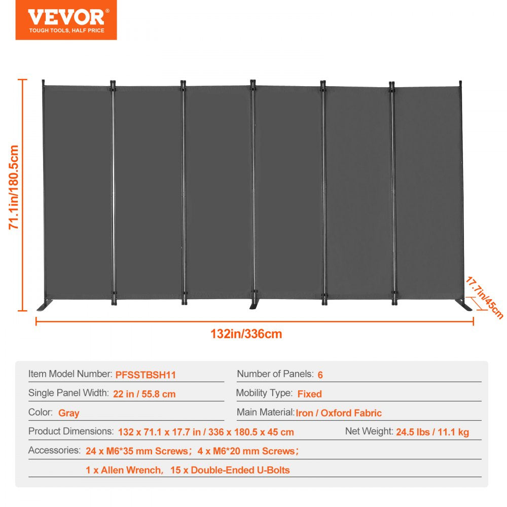 VEVOR Room Divider 6 Panels Fabric Room Privacy Screen for Office Bedroom Grey 