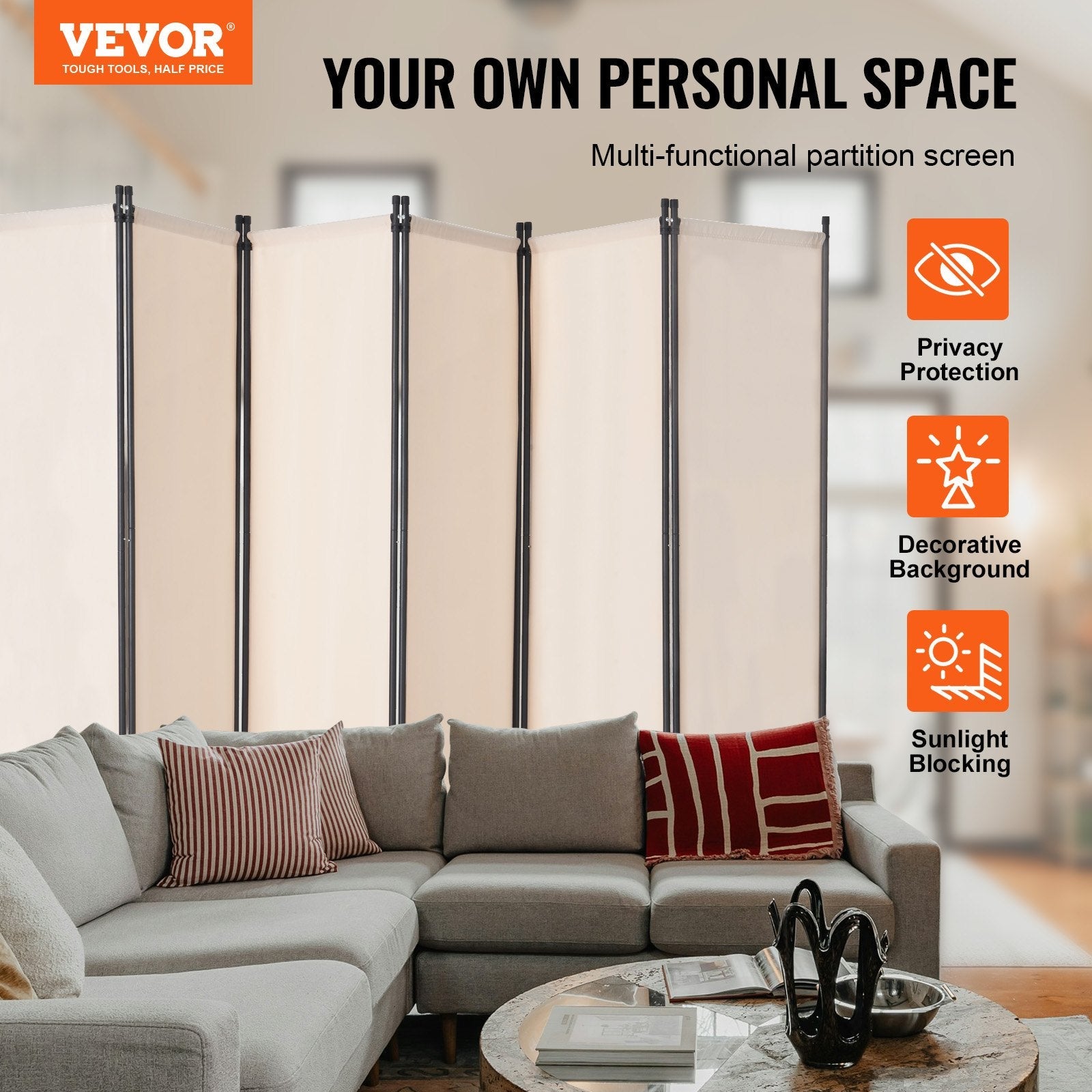 VEVOR Room Divider 6 Panels Fabric Room Privacy Screen for Office Bedroom Beige 