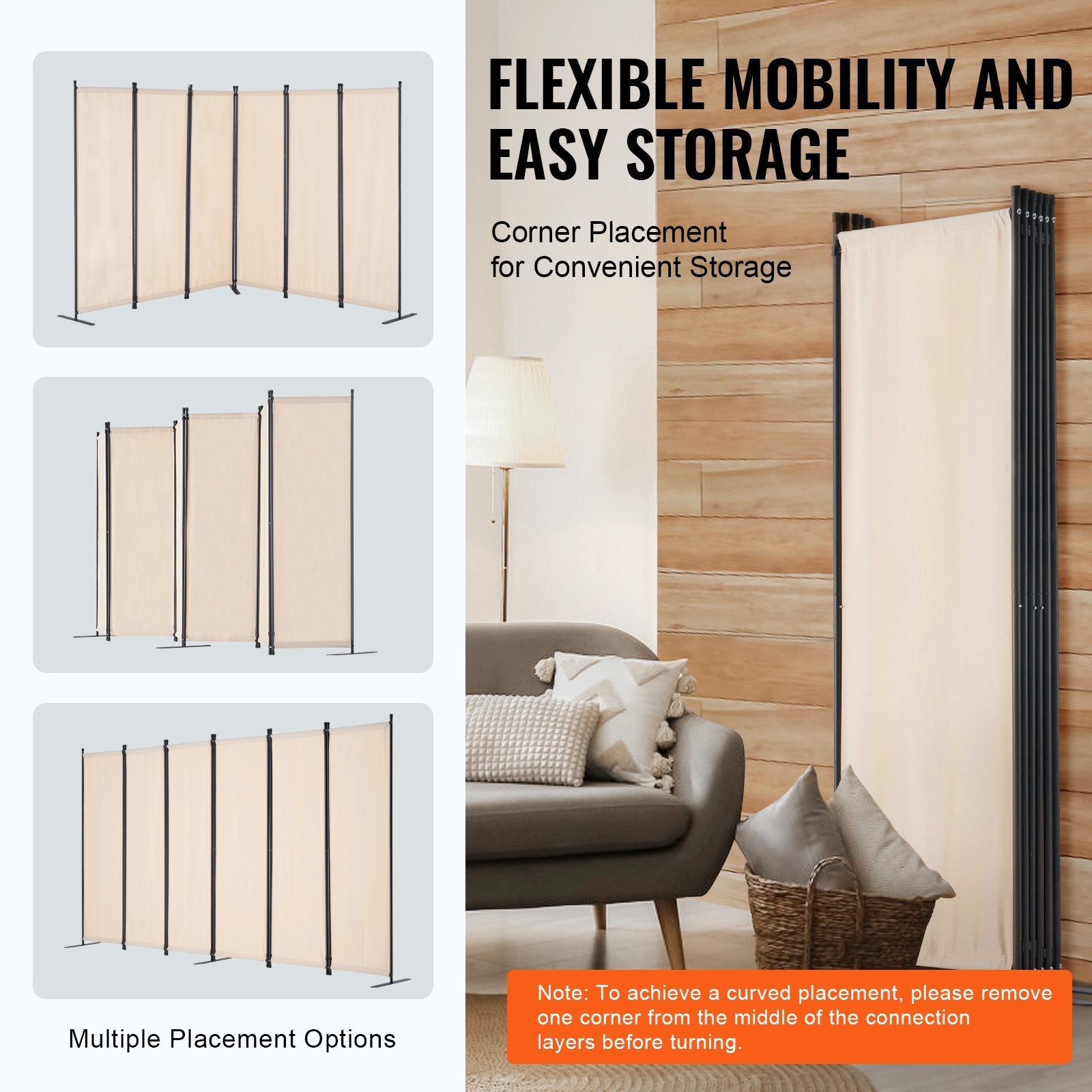 VEVOR Room Divider 6 Panels Fabric Room Privacy Screen for Office Bedroom Beige 
