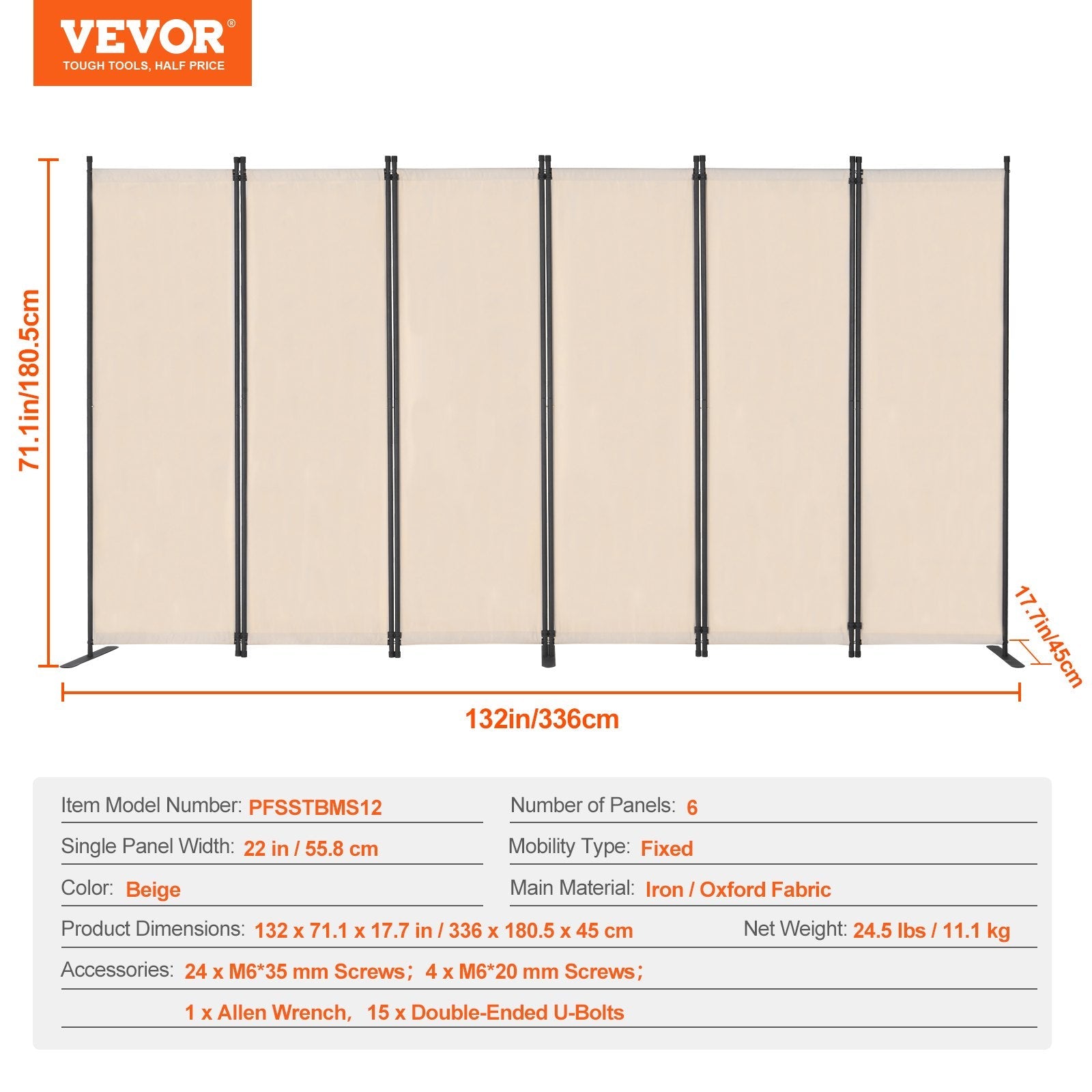 VEVOR Room Divider 6 Panels Fabric Room Privacy Screen for Office Bedroom Beige 