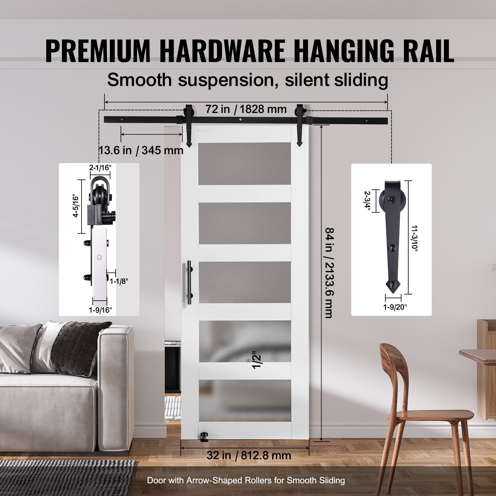 VEVOR Barn Door and Hardware Kit, 32" x 84" Wood and Glass Sliding Barn Door, Smoothly and Quietly, Barn Door Kit with 8-in-1 Floor Guide and Door Handle, Spruce Wood Slab and Frosted Glass 