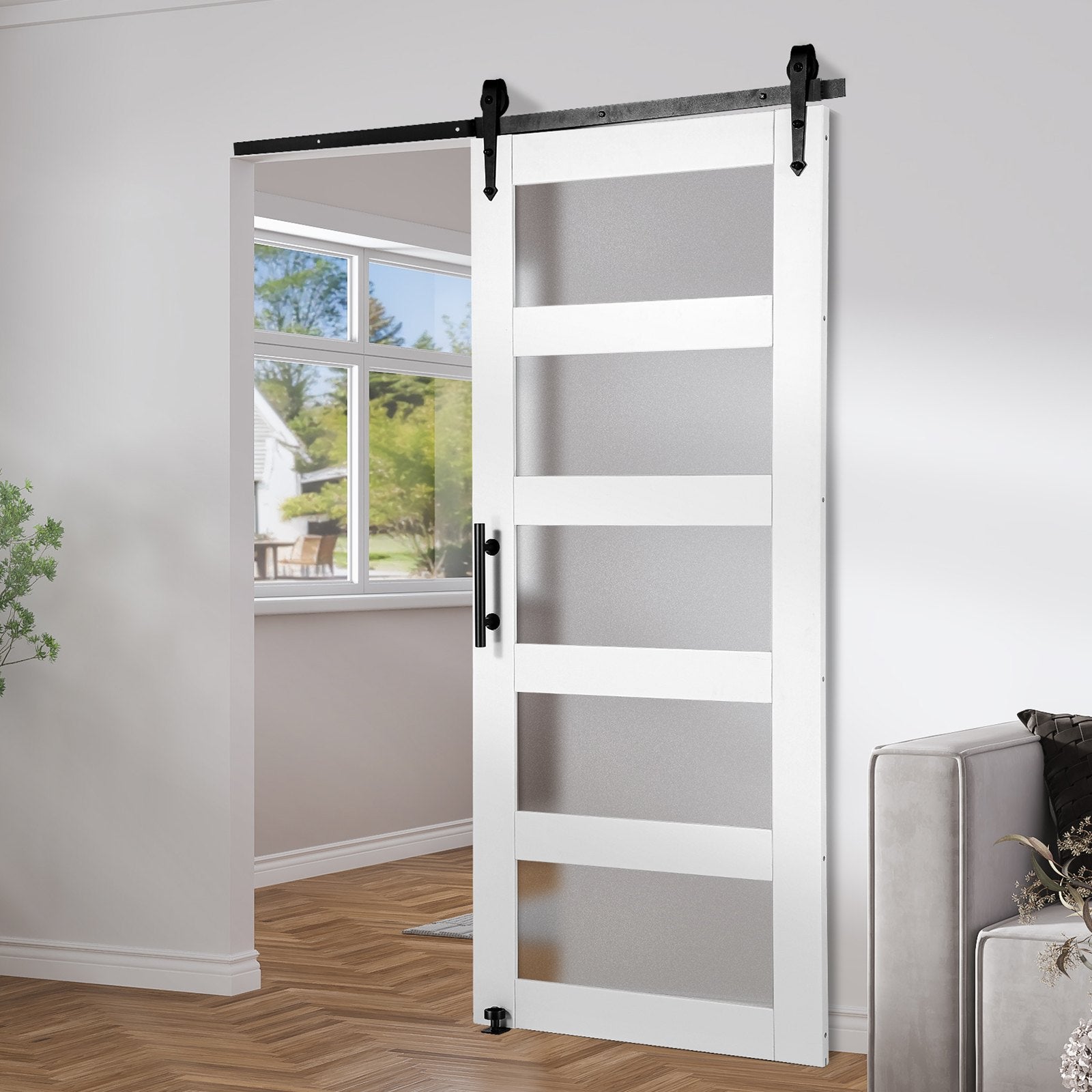 VEVOR Barn Door and Hardware Kit, 32" x 84" Wood and Glass Sliding Barn Door, Smoothly and Quietly, Barn Door Kit with 8-in-1 Floor Guide and Door Handle, Spruce Wood Slab and Frosted Glass 