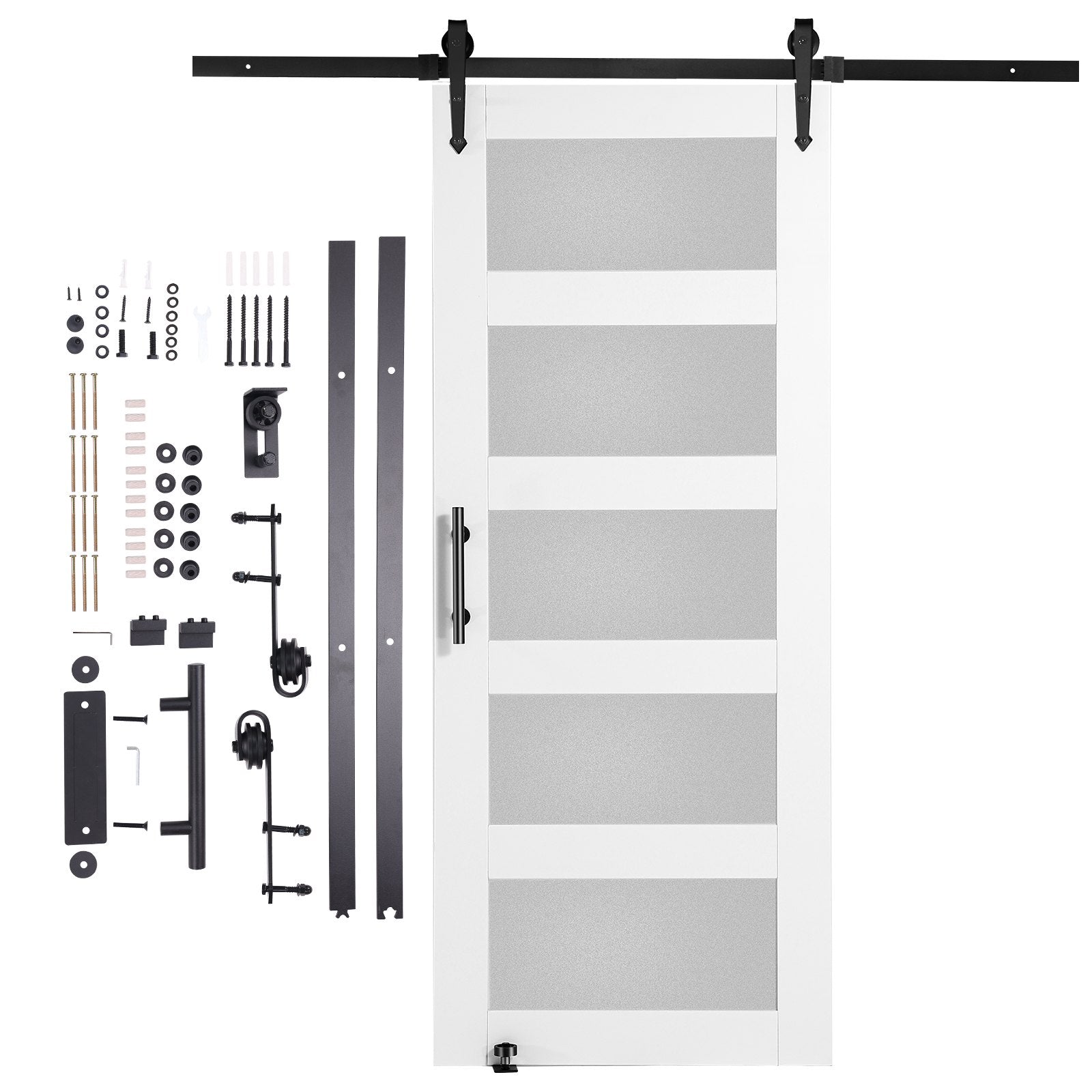 VEVOR Barn Door and Hardware Kit, 32" x 84" Wood and Glass Sliding Barn Door, Smoothly and Quietly, Barn Door Kit with 8-in-1 Floor Guide and Door Handle, Spruce Wood Slab and Frosted Glass 