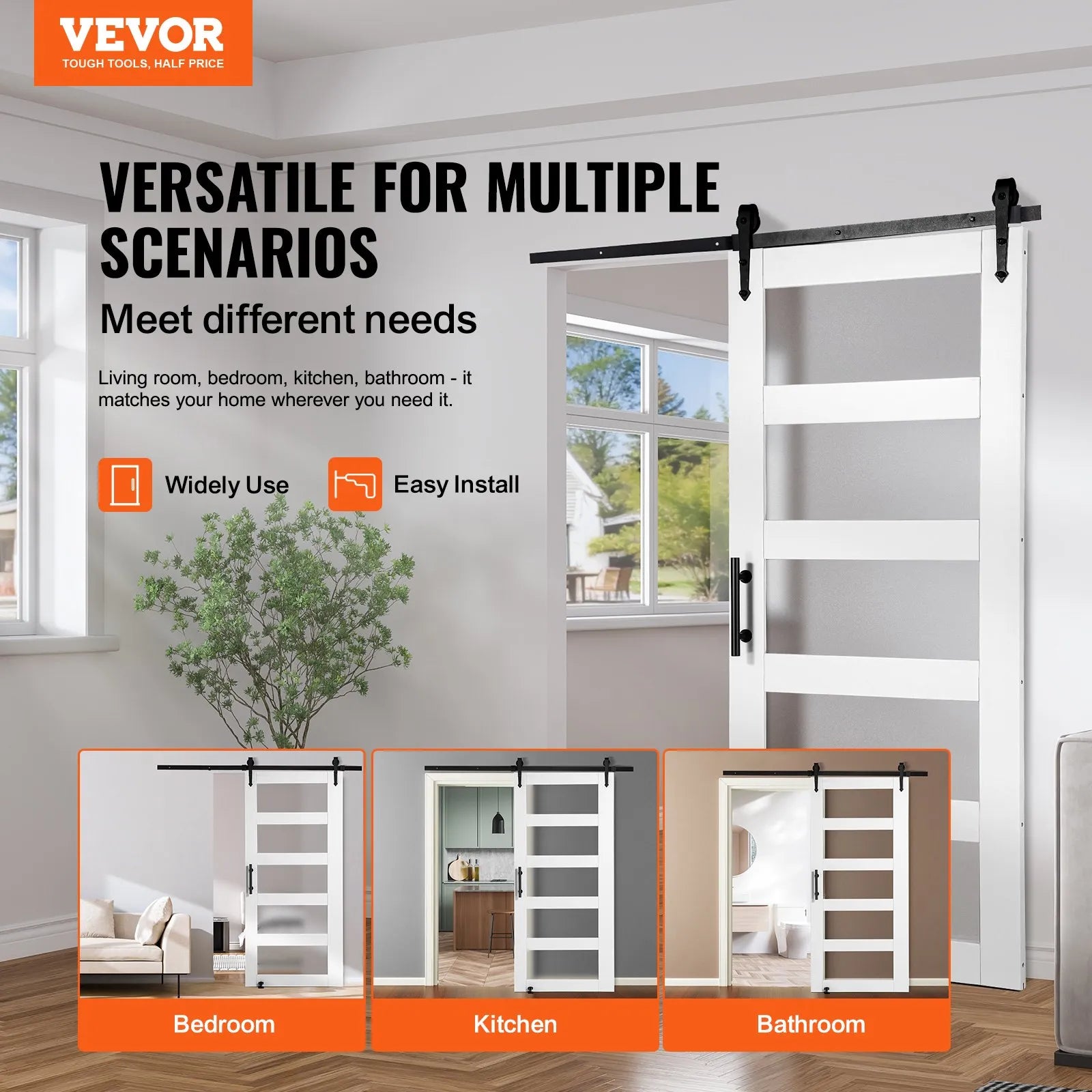 VEVOR Barn Door and Hardware Kit, 42" x 84" Wood and Glass Sliding Barn Door, Smoothly and Quietly, Barn Door Kit with 8-in-1 Floor Guide and Door Handle, Spruce Wood Slab and Frosted Glass