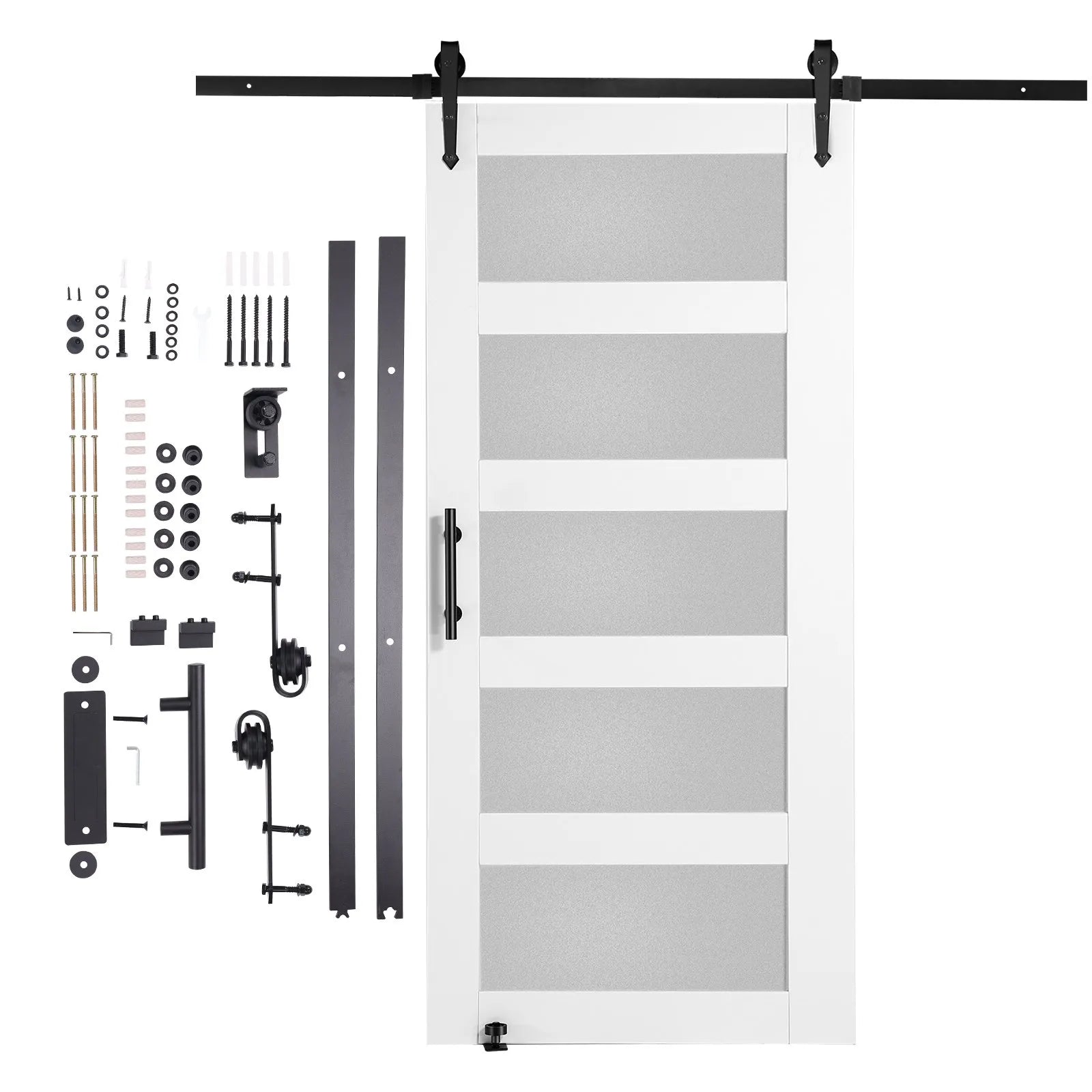VEVOR Barn Door and Hardware Kit, 42" x 84" Wood and Glass Sliding Barn Door, Smoothly and Quietly, Barn Door Kit with 8-in-1 Floor Guide and Door Handle, Spruce Wood Slab and Frosted Glass