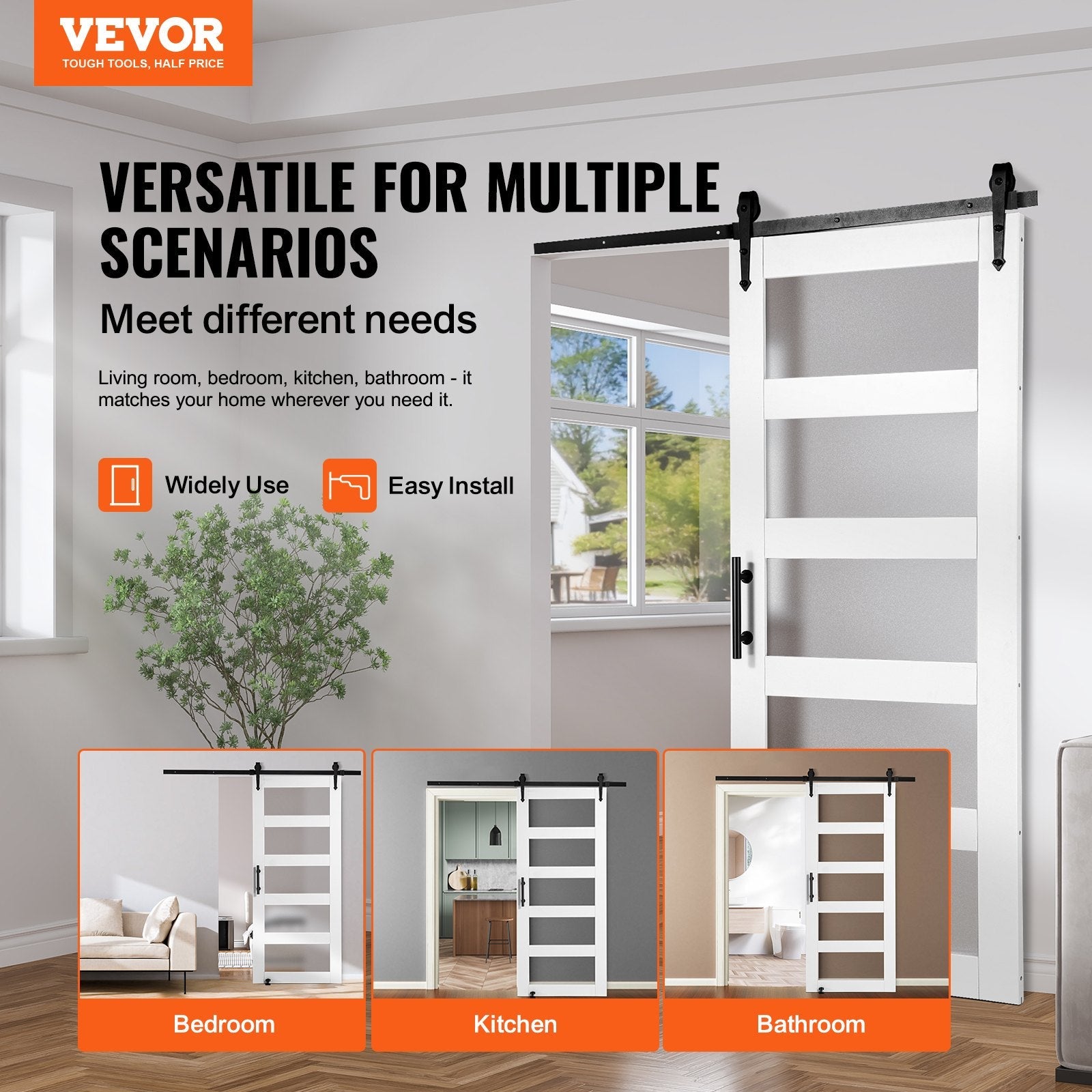 VEVOR Barn Door and Hardware Kit, 36" x 84" Wood and Glass Sliding Barn Door, Smoothly and Quietly, Barn Door Kit with 8-in-1 Floor Guide and Door Handle, Spruce Wood Slab and Frosted Glass 