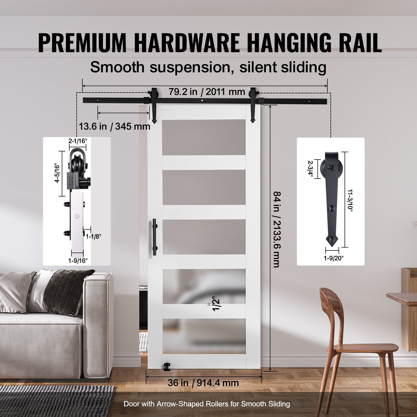 VEVOR Barn Door and Hardware Kit, 36" x 84" Wood and Glass Sliding Barn Door, Smoothly and Quietly, Barn Door Kit with 8-in-1 Floor Guide and Door Handle, Spruce Wood Slab and Frosted Glass 