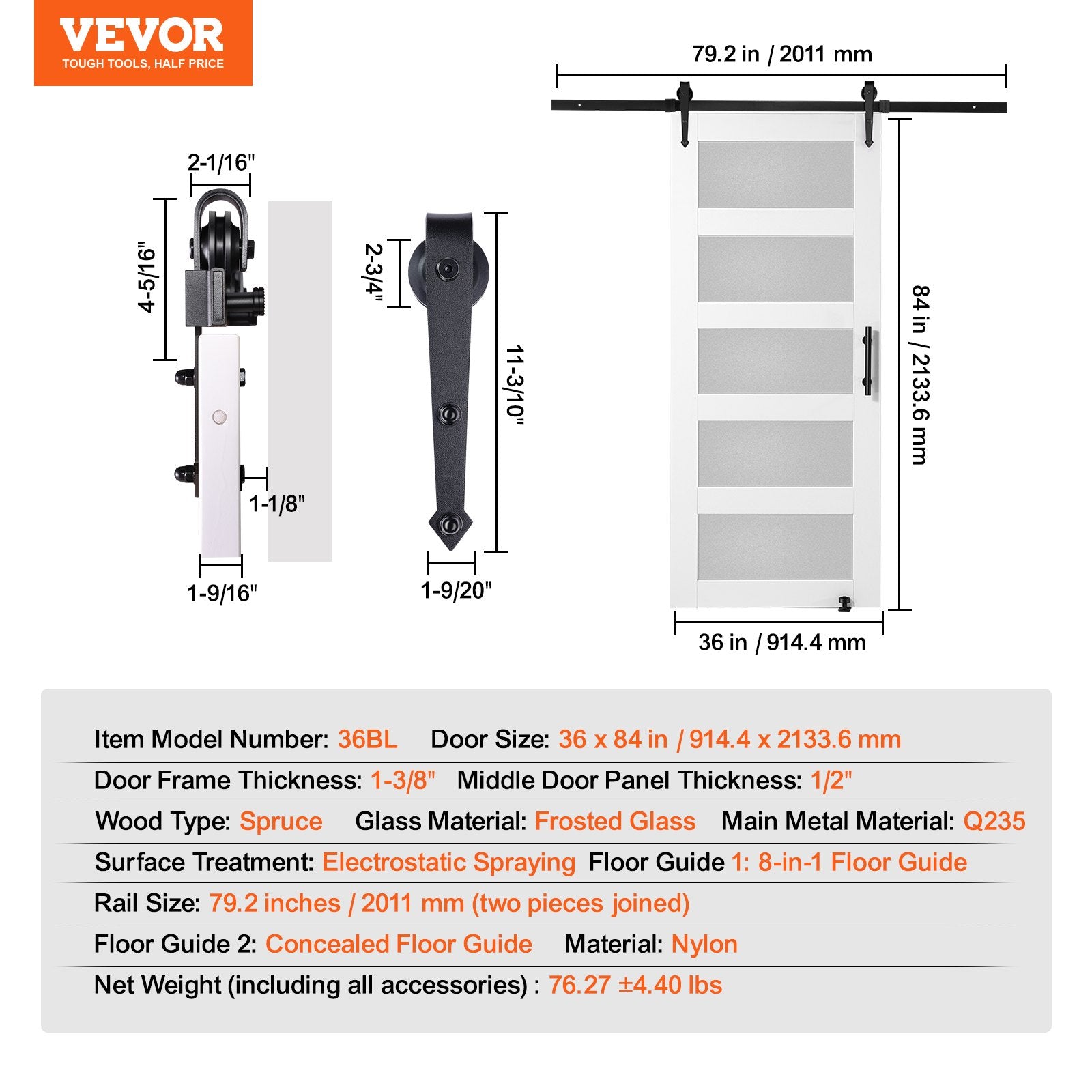 VEVOR Barn Door and Hardware Kit, 36" x 84" Wood and Glass Sliding Barn Door, Smoothly and Quietly, Barn Door Kit with 8-in-1 Floor Guide and Door Handle, Spruce Wood Slab and Frosted Glass 
