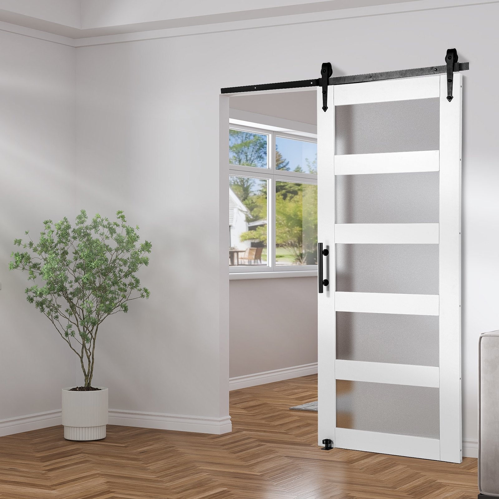 VEVOR Barn Door and Hardware Kit, 36" x 84" Wood and Glass Sliding Barn Door, Smoothly and Quietly, Barn Door Kit with 8-in-1 Floor Guide and Door Handle, Spruce Wood Slab and Frosted Glass 