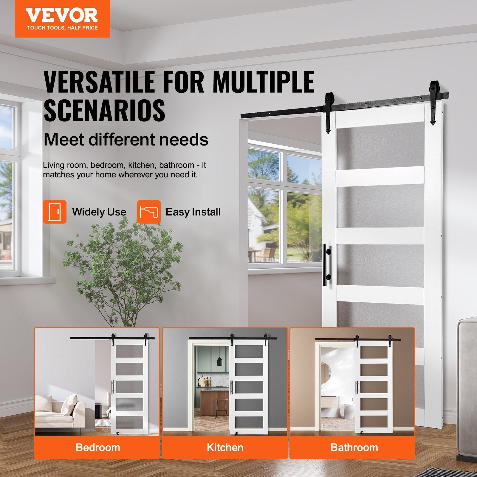 VEVOR Barn Door and Hardware Kit, 30" x 84" Wood and Glass Sliding Barn Door, Smoothly and Quietly, Barn Door Kit with 8-in-1 Floor Guide and Door Handle, Spruce Wood Slab and Frosted Glass 