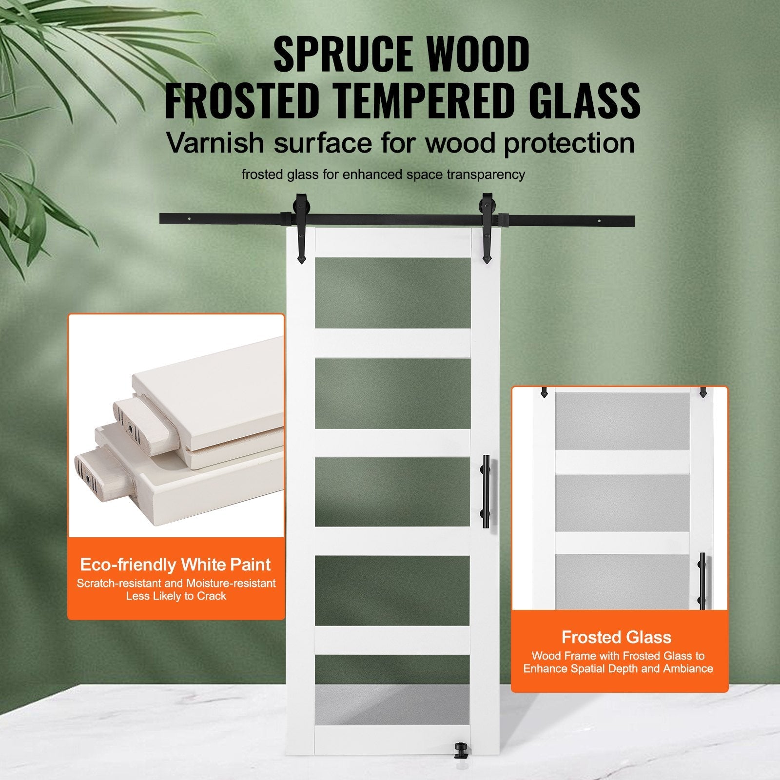 VEVOR Barn Door and Hardware Kit, 30" x 84" Wood and Glass Sliding Barn Door, Smoothly and Quietly, Barn Door Kit with 8-in-1 Floor Guide and Door Handle, Spruce Wood Slab and Frosted Glass 
