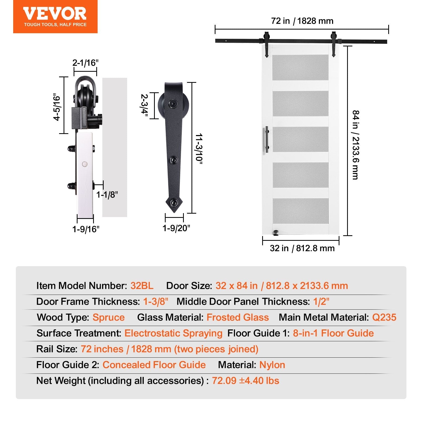 VEVOR Barn Door and Hardware Kit, 30" x 84" Wood and Glass Sliding Barn Door, Smoothly and Quietly, Barn Door Kit with 8-in-1 Floor Guide and Door Handle, Spruce Wood Slab and Frosted Glass 