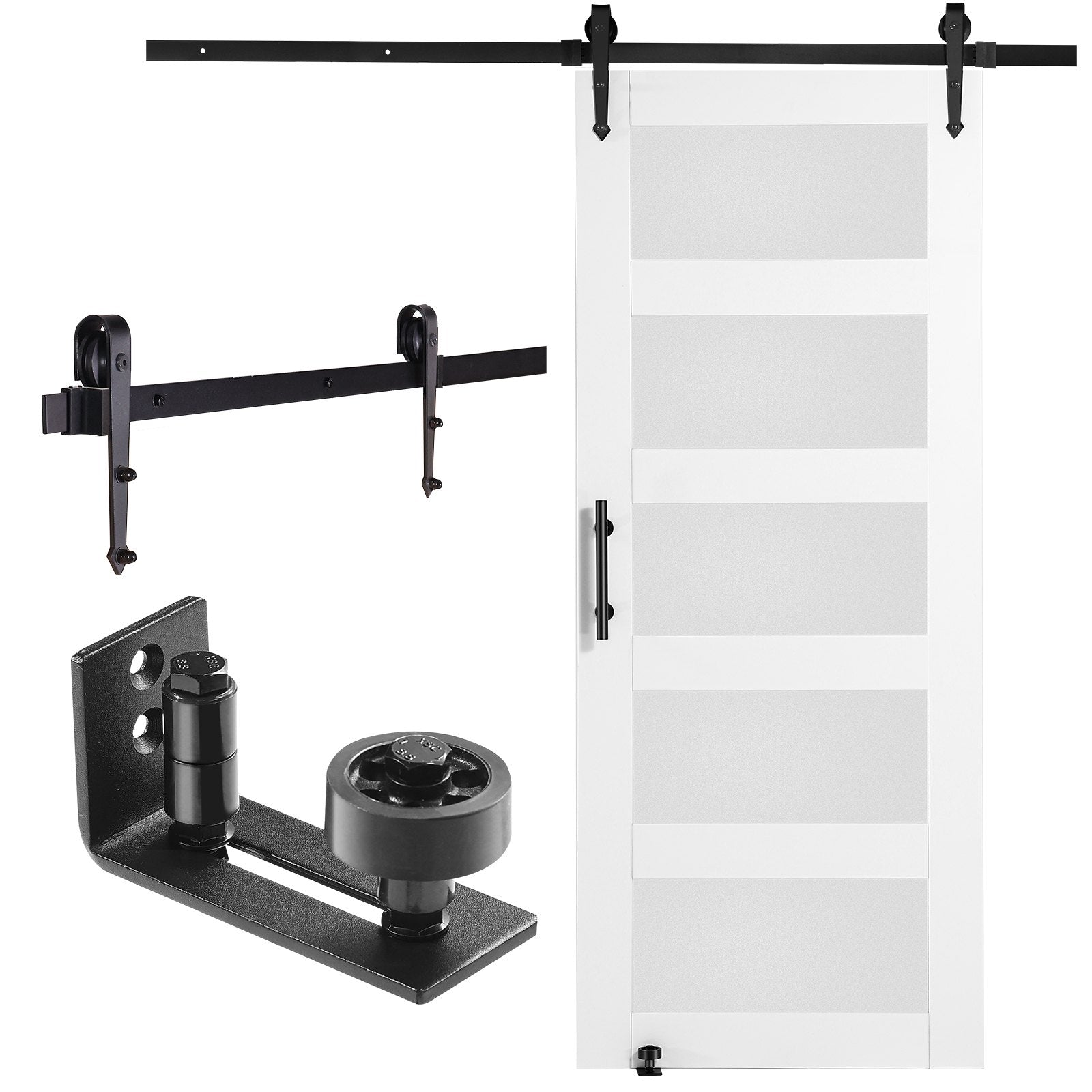 VEVOR Barn Door and Hardware Kit, 30" x 84" Wood and Glass Sliding Barn Door, Smoothly and Quietly, Barn Door Kit with 8-in-1 Floor Guide and Door Handle, Spruce Wood Slab and Frosted Glass 