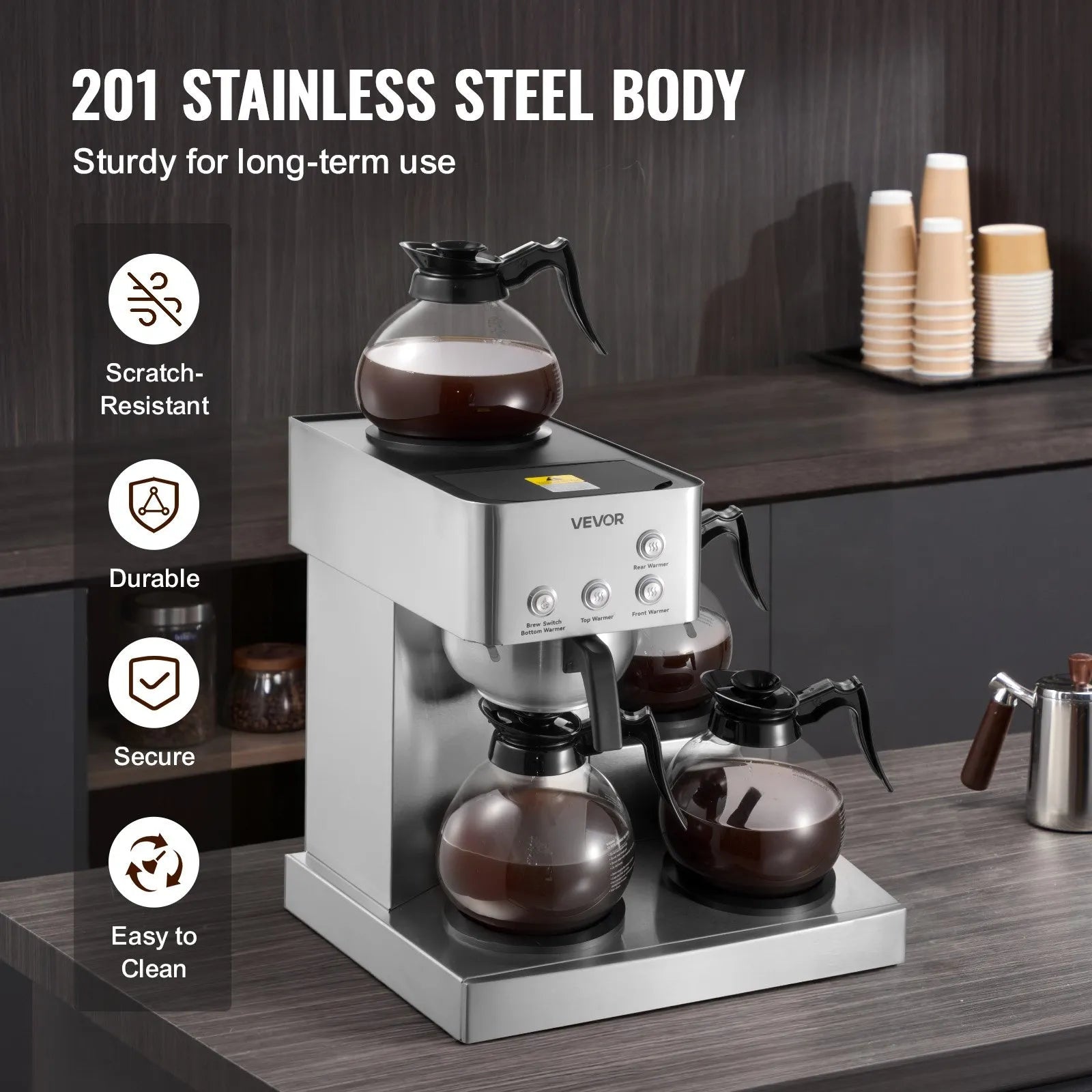 VEVOR Commercial Drip Coffee Maker, 12 Cups Coffee-Maker Machine with 4 Glass Carafes and 4 Decanter Warmer Plates, Stainless Steel Drip Style Coffee Brewer, for Restaurant, Office, Coffee Shop & Home 