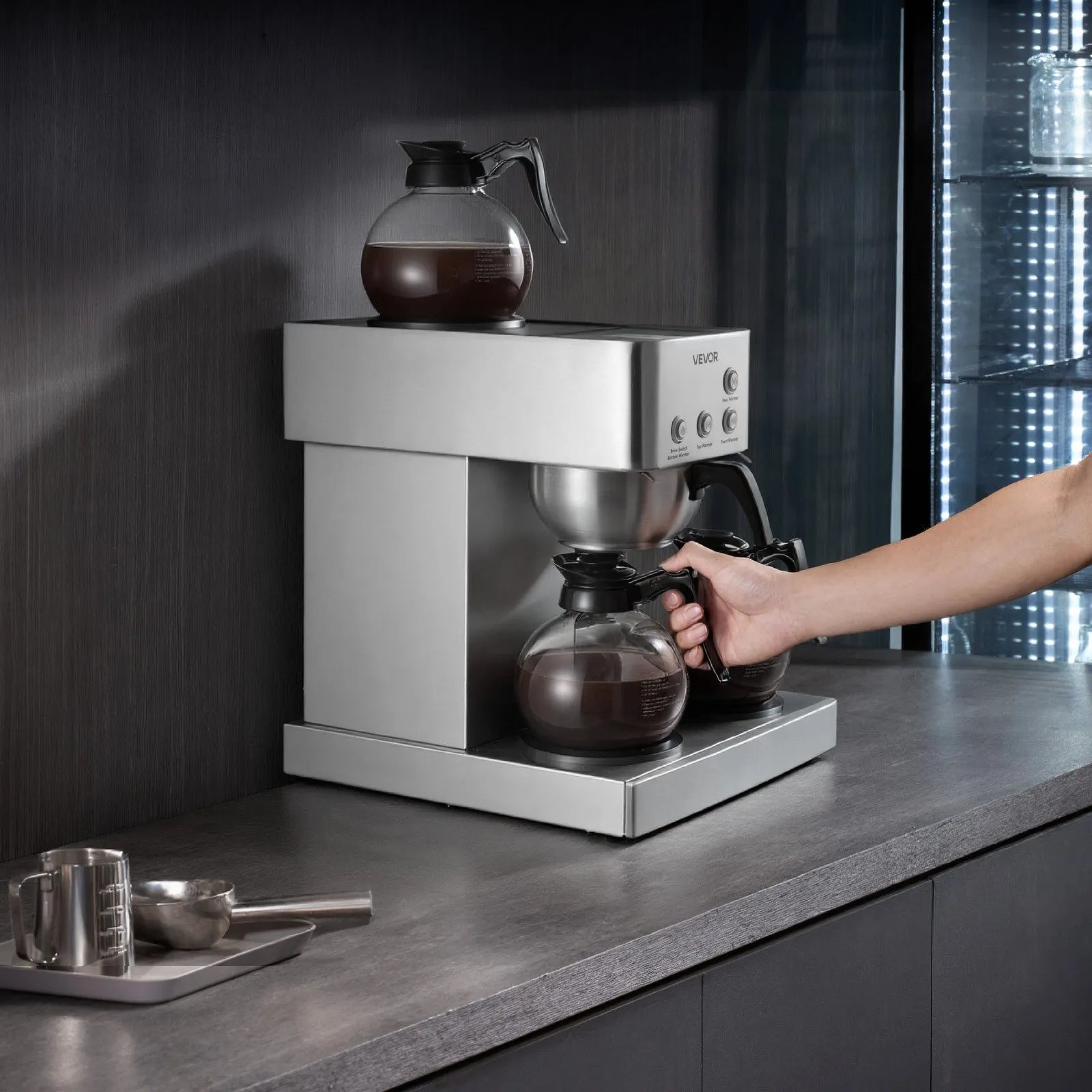 VEVOR Commercial Drip Coffee Maker, 12 Cups Coffee-Maker Machine with 4 Glass Carafes and 4 Decanter Warmer Plates, Stainless Steel Drip Style Coffee Brewer, for Restaurant, Office, Coffee Shop & Home 