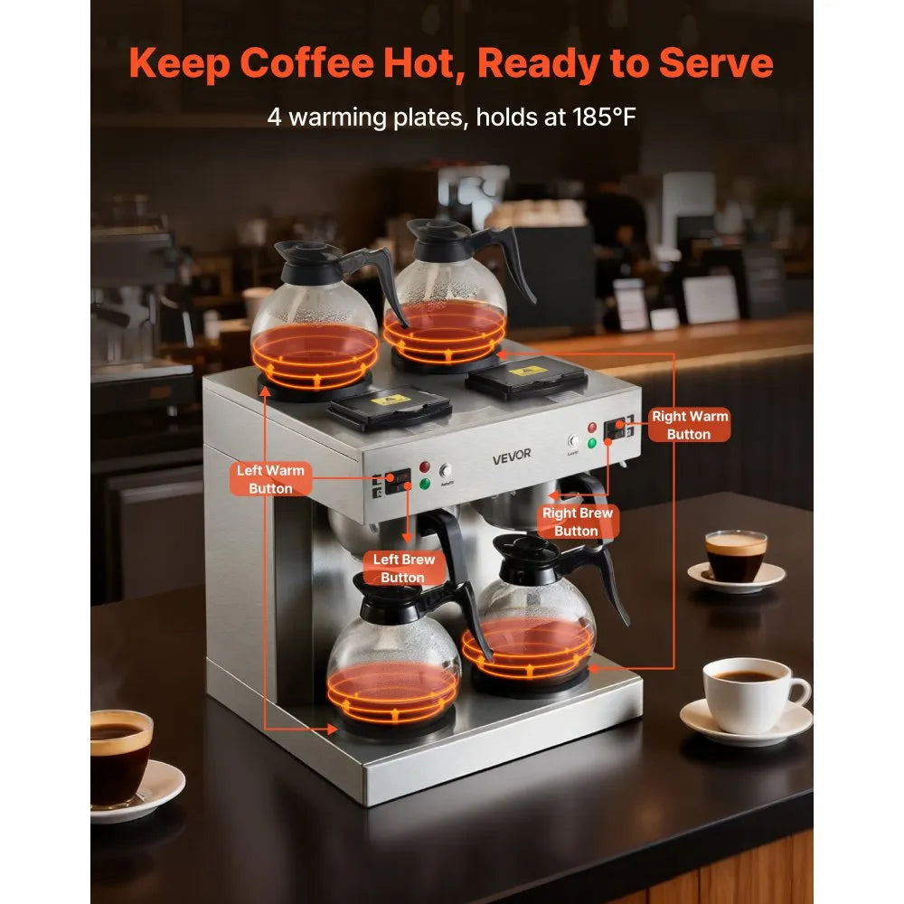 VEVOR Commercial Drip Coffee Maker, 24 Cups Coffee-Maker Machine with 4 Glass Carafes and 4 Decanter Warmer Plates, Stainless Steel Dual-Head Coffee Brewer, for Restaurant, Office, Coffee Shop & Home 