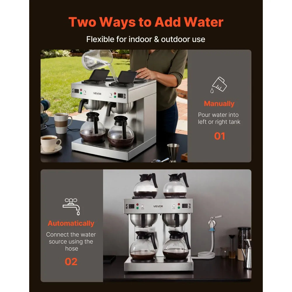 VEVOR Commercial Drip Coffee Maker, 24 Cups Coffee-Maker Machine with 4 Glass Carafes and 4 Decanter Warmer Plates, Stainless Steel Dual-Head Coffee Brewer, for Restaurant, Office, Coffee Shop & Home 