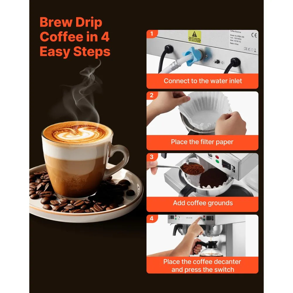 VEVOR Commercial Drip Coffee Maker, 24 Cups Coffee-Maker Machine with 4 Glass Carafes and 4 Decanter Warmer Plates, Stainless Steel Dual-Head Coffee Brewer, for Restaurant, Office, Coffee Shop & Home 