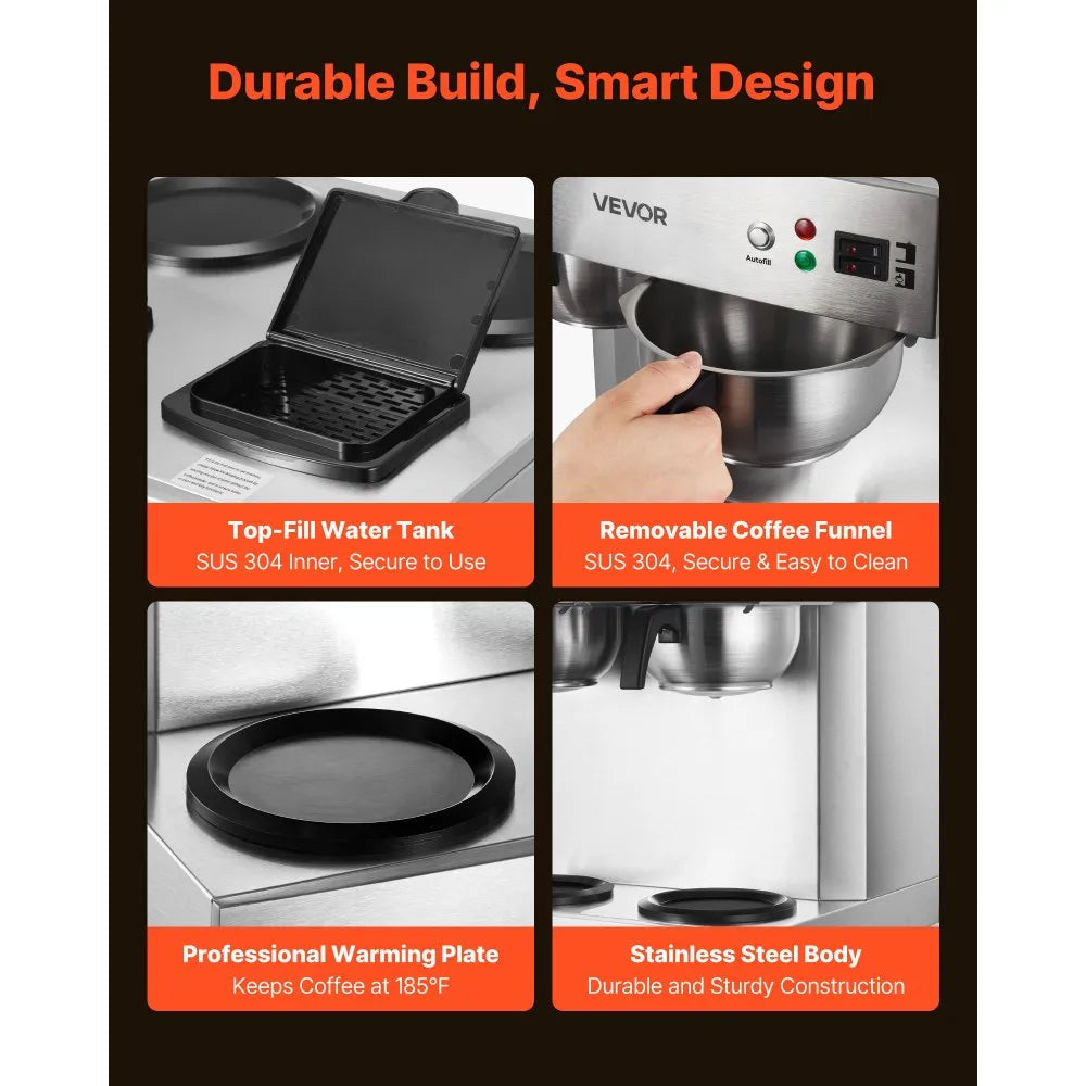 VEVOR Commercial Drip Coffee Maker, 24 Cups Coffee-Maker Machine with 4 Glass Carafes and 4 Decanter Warmer Plates, Stainless Steel Dual-Head Coffee Brewer, for Restaurant, Office, Coffee Shop & Home 